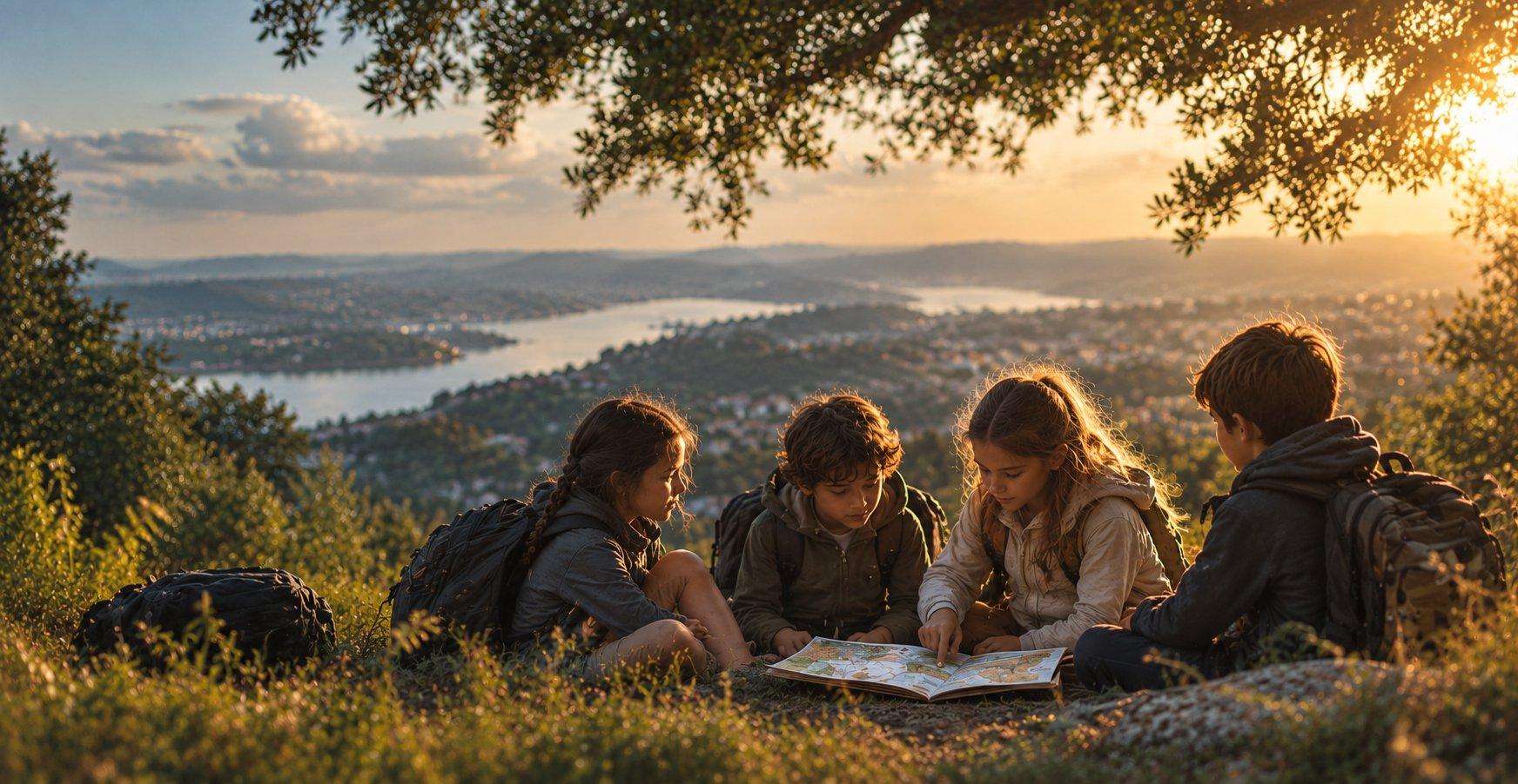 Vier Kinder mit Rucksäcken schauen sich bei Sonnenuntergang auf einem Hügel gemeinsam einen Atlas an